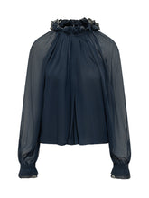 ALBERTA FERRETTI - Creponne Shirt with Ruffled Neck - Blue - LIDIASHOPPING® - Official Website