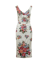 DOLCE & GABBANA - Sleeveless Dress with V-Neck Draped Bodice and Floral Pattern - White - LIDIASHOPPING® - Official Website