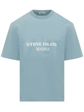 STONE ISLAND - T-shirt con Stampa Testo - Blu - LIDIASHOPPING® - Official Website