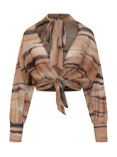 ELISABETTA FRANCHI - Cropped Blouse with Bow and Print - Brown - LIDIASHOPPING® - Official Website