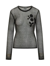 GANNI - Long Sleeve Mesh T-shirt with Floral Appliqué - Black - LIDIASHOPPING® - Official Website