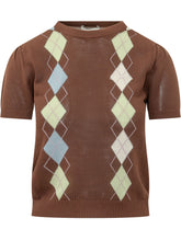 GANNI - T-shirt Argyle con Maniche Corte - Marrone - LIDIASHOPPING® - Official Website