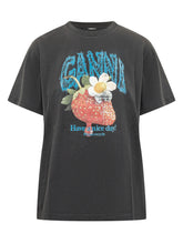 GANNI - T-shirt Jersey con Stampa Fragola - Nero - LIDIASHOPPING® - Official Website