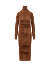 ELISABETTA FRANCHI - Abito Midi Drappeggiato a Collo Alto - Marrone - LIDIASHOPPING® - Official Website