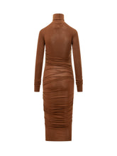 ELISABETTA FRANCHI - Abito Midi Drappeggiato a Collo Alto - Marrone - LIDIASHOPPING® - Official Website