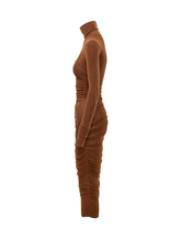 ELISABETTA FRANCHI - Abito Midi Drappeggiato a Collo Alto - Marrone - LIDIASHOPPING® - Official Website
