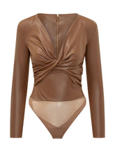 ELISABETTA FRANCHI - Body Drappeggiato con Scollo Profondo - Marrone - LIDIASHOPPING® - Official Website