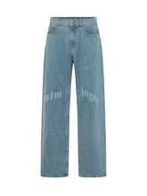 PALM ANGELS - Wide Leg Jeans with Leg Logo Print - Blue - LIDIASHOPPING® - Official Website