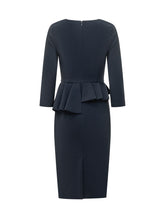 ELISABETTA FRANCHI - Fitted midi dress featuring a deep V neckline, long sleeves and shaped seams across the bodice. Designed with an asymmetric waist peplum and straight skirt. - Blue - LIDIASHOPPING® - Official Website