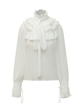 ELISABETTA FRANCHI - Blouse featuring a gathered high collar, tie bow and pleated ruffles across the shoulders and chest. Designed with voluminous long sleeves, gathered cuffs and small front embroidery. - White - LIDIASHOPPING® - Official Website