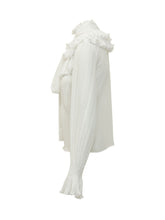 ELISABETTA FRANCHI - Blouse featuring a gathered high collar, tie bow and pleated ruffles across the shoulders and chest. Designed with voluminous long sleeves, gathered cuffs and small front embroidery. - White - LIDIASHOPPING® - Official Website