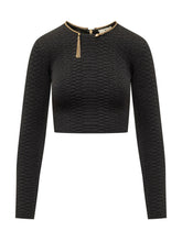 ELISABETTA FRANCHI - Cropped Tricot Top with Geometric Pattern - Black - LIDIASHOPPING® - Official Website