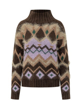 SIMONA CORSELLINI - Turtleneck sweater featuring a ribbed high collar, long sleeves and a geometric pattern with diamonds and zigzag lines. Detailed with fluffy textured accents and ribbed cuffs and hem. - Brown - LIDIASHOPPING® - Official Website