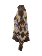 SIMONA CORSELLINI - Turtleneck sweater featuring a ribbed high collar, long sleeves and a geometric pattern with diamonds and zigzag lines. Detailed with fluffy textured accents and ribbed cuffs and hem. - Brown - LIDIASHOPPING® - Official Website