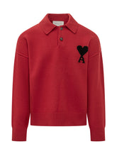 AMI ALEXANDRE MATTIUSSI - Knitted Polo with Heart Motif - Red - LIDIASHOPPING® - Official Website