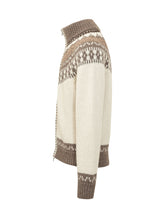 ALTEA - Knitted cardigan featuring a high collar, front zip fastening and long sleeves. Detailed with a geometric jacquard pattern across the shoulders and chest and ribbed trims. - White - LIDIASHOPPING® - Official Website