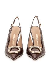 FERRAGAMO - Sara pumps featuring a pointed toe, open heel and adjustable slingback strap with buckle. Detailed with a crocodile effect pattern, slim heel and decorative front embellishment. - Brown - LIDIASHOPPING® - Official Website