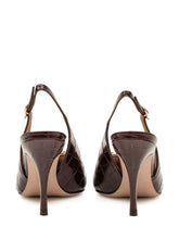 FERRAGAMO - Sara pumps featuring a pointed toe, open heel and adjustable slingback strap with buckle. Detailed with a crocodile effect pattern, slim heel and decorative front embellishment. - Brown - LIDIASHOPPING® - Official Website