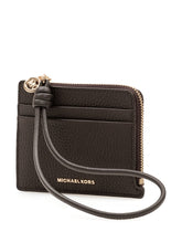 MICHAEL MICHAEL KORS - Compact rectangular card holder featuring a grained surface and front card slots. Detailed with a zip fastening along the upper edge, side wrist strap and applied logo. - Brown - LIDIASHOPPING® - Official Website