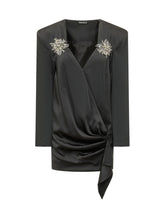 THE ATTICO - Mini dress featuring a plunging wrap neckline and long sleeves. Detailed with structured shoulders, jewel embellishments, asymmetric front draping and a hanging side panel. - Black - LIDIASHOPPING® - Official Website