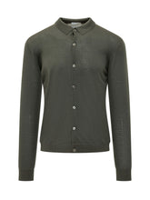 KNIT DE MONSIEUR - Regular silhouette fine knit shirt featuring a pointed collar and central button fastening. Designed with long sleeves, ribbed cuffs, a smooth knitted surface and a straight hem. - Green - LIDIASHOPPING® - Official Website