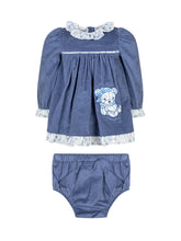 Monnalisa Blue Corduroy Dress with Teddy Bear - Collezione Happy Birthday | Lidia Shopping