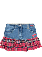 Monnalisa Denim Skirt with Tartan Ruffles and Hearts - Collezione Happy Birthday | Lidia Shopping