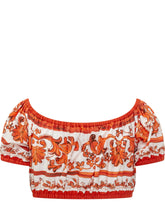 DOLCE & GABBANA - Top Cropped con Scollo Arricciato e Stampa Maiolica - Rosso | Lidia Shopping ® | Official Website