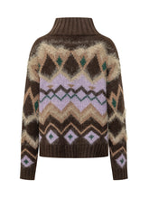 SIMONA CORSELLINI - Turtleneck sweater featuring a ribbed high collar, long sleeves and a geometric pattern with diamonds and zigzag lines. Detailed with fluffy textured accents and ribbed cuffs and hem. - Brown - LIDIASHOPPING® - Official Website