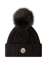 MONCLER - Beanie with Pompon and Front Logo Patch - Black - LIDIASHOPPING® - Official Website