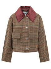 GANNI - Cropped jacket featuring a checked pattern, contrasting oversized collar and long sleeves. Designed with front button fastening, patch pockets with flaps and a straight hem. - Brown - LIDIASHOPPING® - Official Website