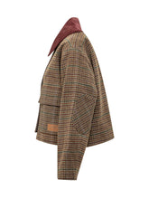GANNI - Cropped jacket featuring a checked pattern, contrasting oversized collar and long sleeves. Designed with front button fastening, patch pockets with flaps and a straight hem. - Brown - LIDIASHOPPING® - Official Website
