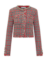 SELF-PORTRAIT - Giacca Corta con Motivo Check e Bordi Sfrangiati - Rosso - LIDIASHOPPING® - Official Website