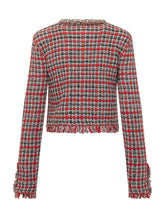 SELF-PORTRAIT - Giacca Corta con Motivo Check e Bordi Sfrangiati - Rosso - LIDIASHOPPING® - Official Website