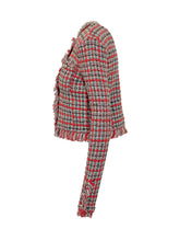SELF-PORTRAIT - Giacca Corta con Motivo Check e Bordi Sfrangiati - Rosso - LIDIASHOPPING® - Official Website