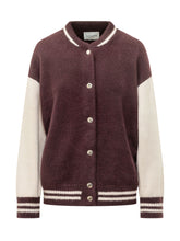 LANEUS - Knitted bomber featuring a ribbed collar, front snap button fastening and contrasting long sleeves. Finished with striped trims at the collar, cuffs and hem. - Purple - LIDIASHOPPING® - Official Website