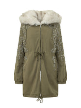 NOVELLE - Long parka featuring a wide fur collar, long sleeves and decorative floral embroidery across the shoulders and sleeves. Finished with a front zip fastening, drawstring waist and hem and elasticated cu - Green - LIDIASHOPPING® - Official Website