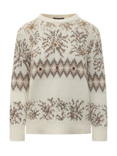 FABIANA FILIPPI - Long sleeve crewneck sweater featuring geometric and floral jacquard patterns, sparkling decorative embellishments and ribbed trims. - White - LIDIASHOPPING® - Official Website