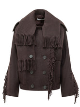 IRO - Daring cropped jacket featuring a wide fringed collar and six button double breasted fastening. Detailed with patch pockets, shoulder tabs, long sleeves and fringes along the front edges and cuffs. - Purple - LIDIASHOPPING® - Official Website